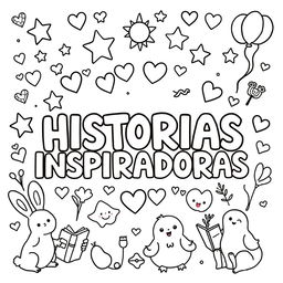 A simple, kid-friendly coloring page featuring the phrase 'HISTORIAS INSPIRADORAS' prominently in the center with large, fun letters