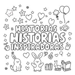 A simple, kid-friendly coloring page featuring the phrase 'HISTORIAS INSPIRADORAS' prominently in the center with large, fun letters