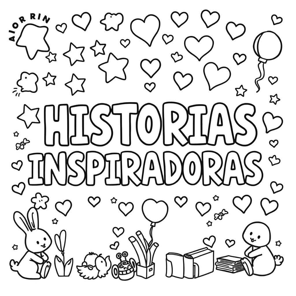 A simple, kid-friendly coloring page featuring the phrase 'HISTORIAS INSPIRADORAS' prominently in the center with large, fun letters