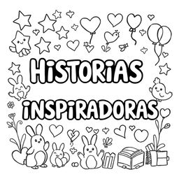 A simple, kid-friendly coloring page featuring the phrase 'HISTORIAS INSPIRADORAS' prominently in the center with large, fun letters