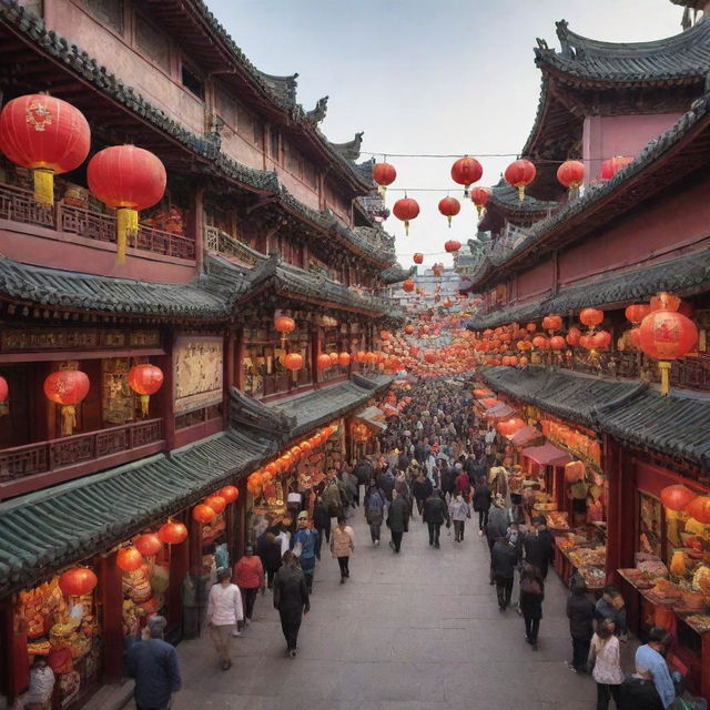 A lively and vibrant depiction of Chinatown, complete with bustling street markets, traditional Chinese architecture, colorful lanterns hung across the streets, and a diverse crowd.