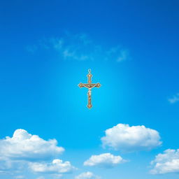 A serene depiction of a clear blue sky with fluffy white clouds, featuring a beautifully detailed rosary (Terço) prominently placed in the center