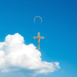 A serene depiction of a clear blue sky with fluffy white clouds, featuring a beautifully detailed rosary (Terço) prominently placed in the center