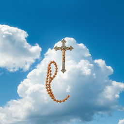 A serene depiction of a clear blue sky with fluffy white clouds, featuring a beautifully detailed rosary (Terço) prominently placed in the center