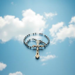 A serene depiction of a clear blue sky with fluffy white clouds, featuring a beautifully detailed rosary (Terço) prominently placed in the center