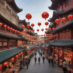 A lively and vibrant depiction of Chinatown, complete with bustling street markets, traditional Chinese architecture, colorful lanterns hung across the streets, and a diverse crowd.