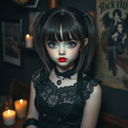 A cute gothic girl with striking money bangs, dressed in a stylish dark outfit featuring lace and leather accents