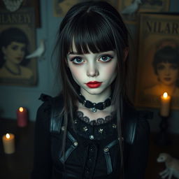 A cute gothic girl with striking money bangs, dressed in a stylish dark outfit featuring lace and leather accents