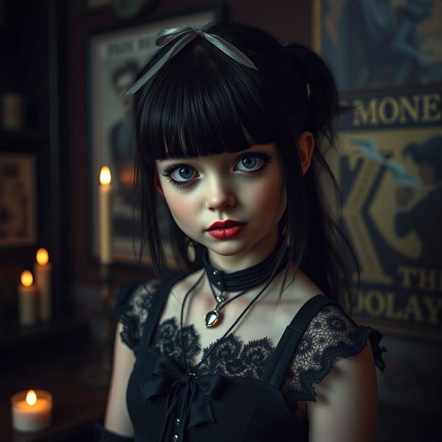 A cute gothic girl with striking money bangs, dressed in a stylish dark outfit featuring lace and leather accents