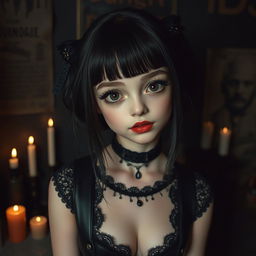 A cute gothic girl with striking money bangs, dressed in a stylish dark outfit featuring lace and leather accents