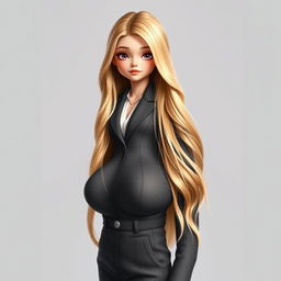 A realistic portrait of a 19-year-old female character with long blonde hair, slim physique, small feet, and large breasts, posed for a formal document photo