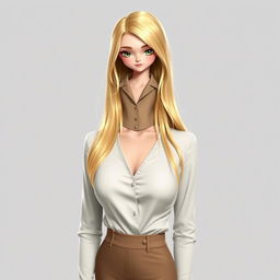 A realistic portrait of a 19-year-old female character with long blonde hair, slim physique, small feet, and large breasts, posed for a formal document photo