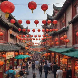 A lively and vibrant depiction of Chinatown, complete with bustling street markets, traditional Chinese architecture, colorful lanterns hung across the streets, and a diverse crowd.