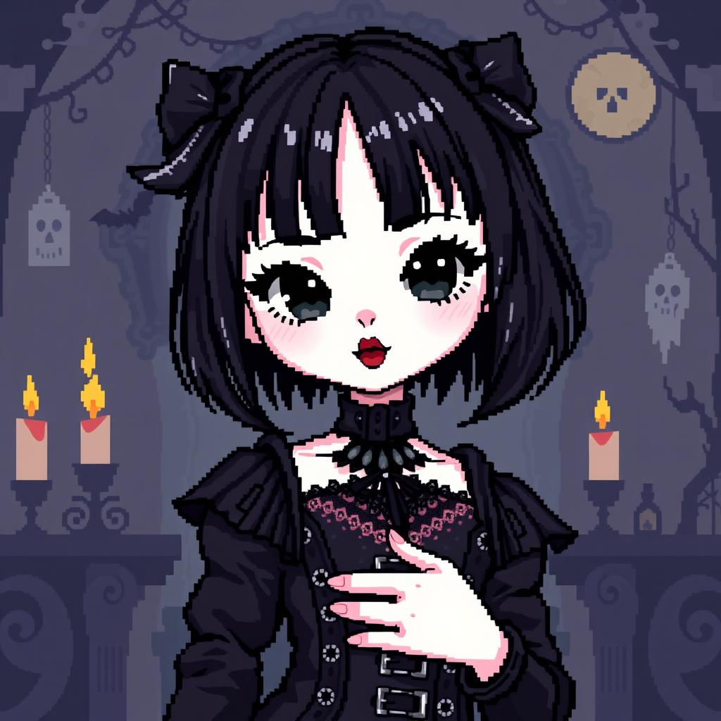 A pixel art style depiction of a cute gothic girl with distinctive money bangs