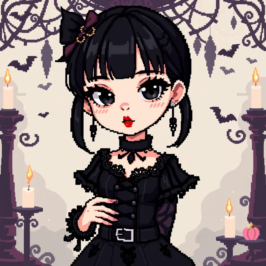 A pixel art style depiction of a cute gothic girl with distinctive money bangs