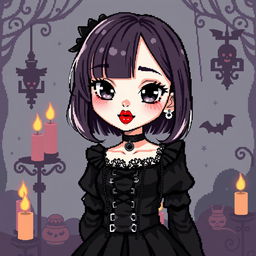 A pixel art style depiction of a cute gothic girl with distinctive money bangs