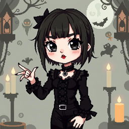 A pixel art style depiction of a cute gothic girl with distinctive money bangs