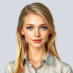 A realistic portrait of a 19-year-old female character with long blonde hair, a slim physique, small feet, and large breasts, posed for an official document photo