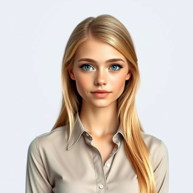 A realistic portrait of a 19-year-old female character with long blonde hair, a slim physique, small feet, and large breasts, posed for an official document photo