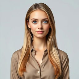 A realistic portrait of a 19-year-old female character with long blonde hair, a slim physique, small feet, and large breasts, posed for an official document photo