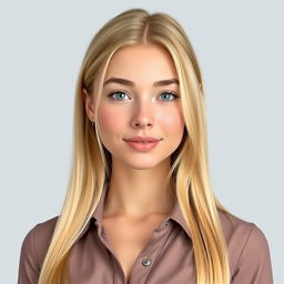 A realistic portrait of a 19-year-old female character with long blonde hair, a slim physique, small feet, and large breasts, posed for an official document photo