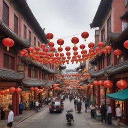 A lively and vibrant depiction of Chinatown, complete with bustling street markets, traditional Chinese architecture, colorful lanterns hung across the streets, and a diverse crowd.