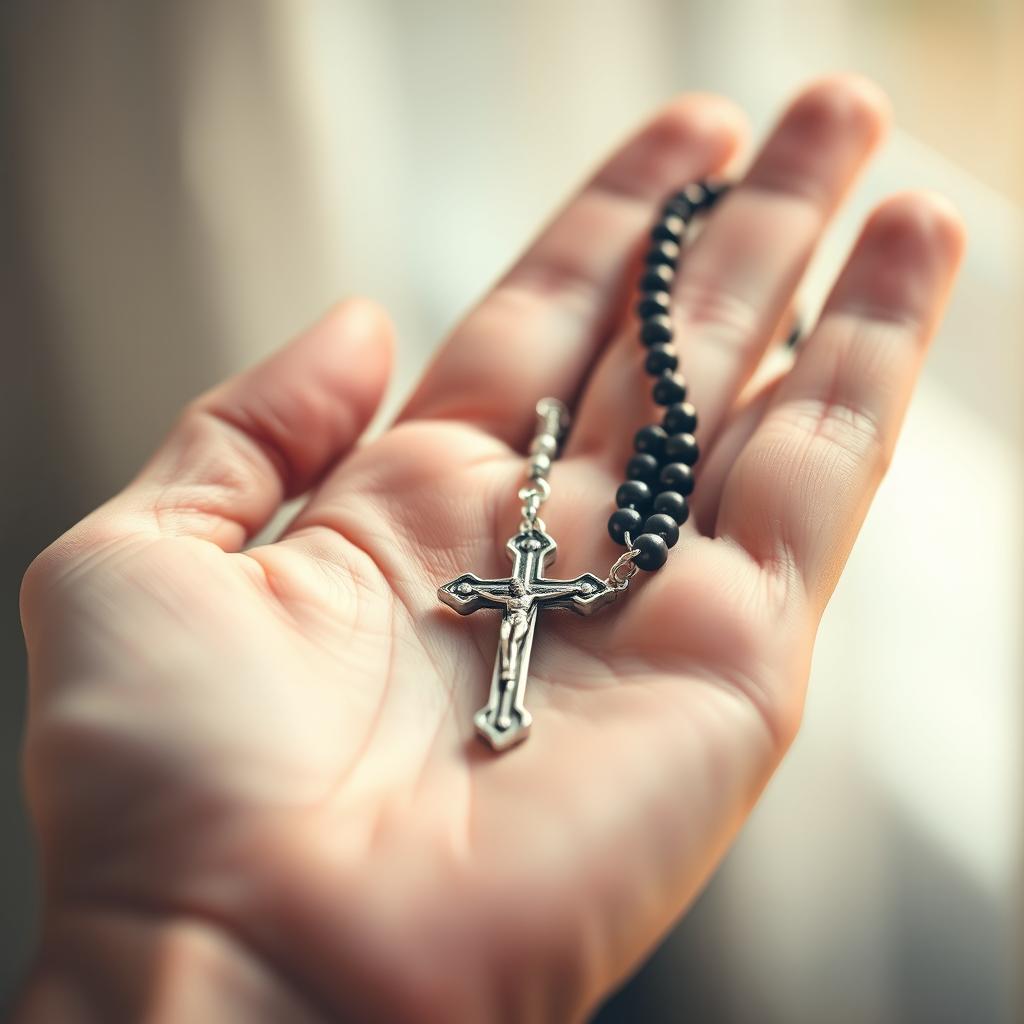 A close-up image of a hand gently holding a beautifully detailed rosary (Terço)