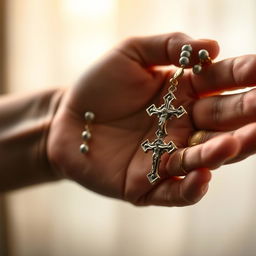 A close-up image of a hand gently holding a beautifully detailed rosary (Terço)