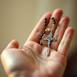 A close-up image of a hand gently holding a beautifully detailed rosary (Terço)