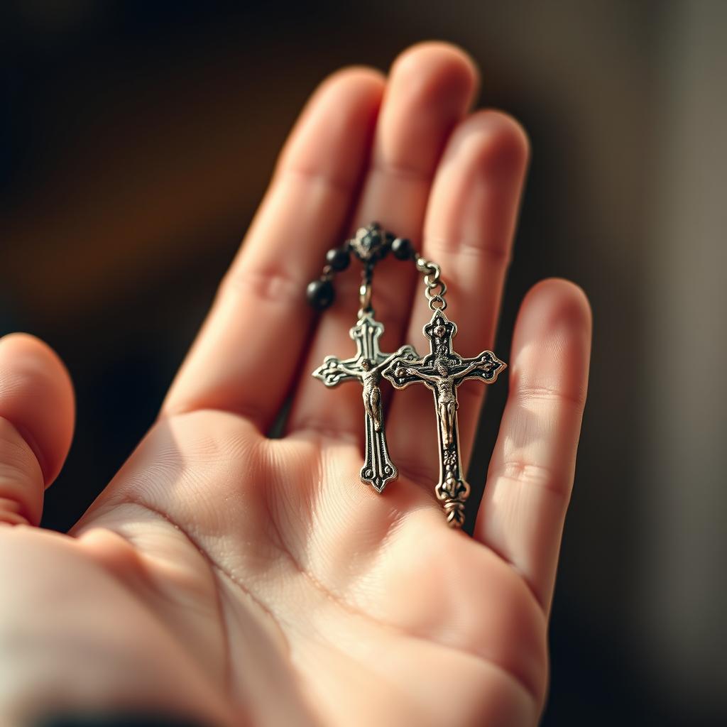 A close-up image of a hand gently holding a beautifully detailed rosary (Terço)