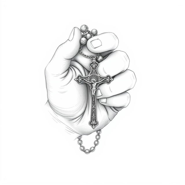 A beautifully illustrated drawing depicting a hand gently holding a rosary (Terço)