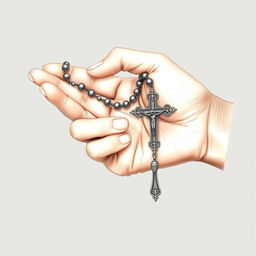 A beautifully illustrated drawing depicting a hand gently holding a rosary (Terço)