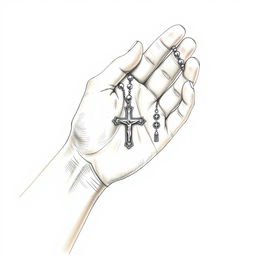 A beautifully illustrated drawing depicting a hand gently holding a rosary (Terço)