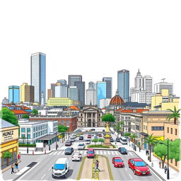 An artistic drawing of the city of São Paulo, showcasing its iconic skyline filled with a mix of modern skyscrapers and historical buildings