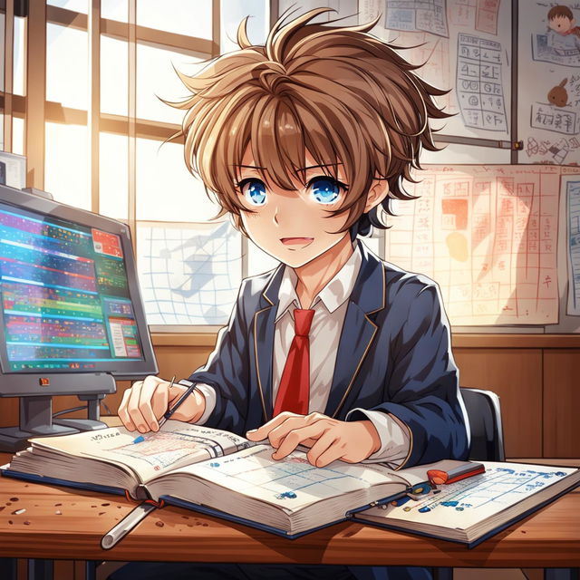 Anime art of a cute schoolboy with chestnut hair and bright blue eyes, dressed in a traditional Japanese school uniform, engrossed in a PHP programming book in a sunlit classroom.