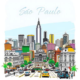 An artistic drawing of the city of São Paulo, showcasing its iconic skyline filled with a mix of modern skyscrapers and historical buildings