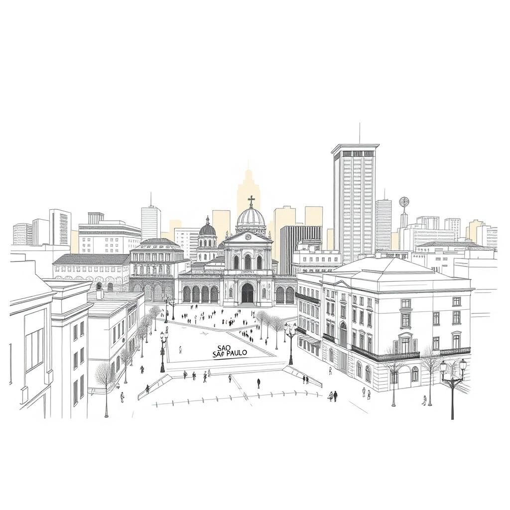 An artistic drawing of the city of São Paulo, featuring a skyline that incorporates a blend of modern and historical buildings, all rendered in neutral tones