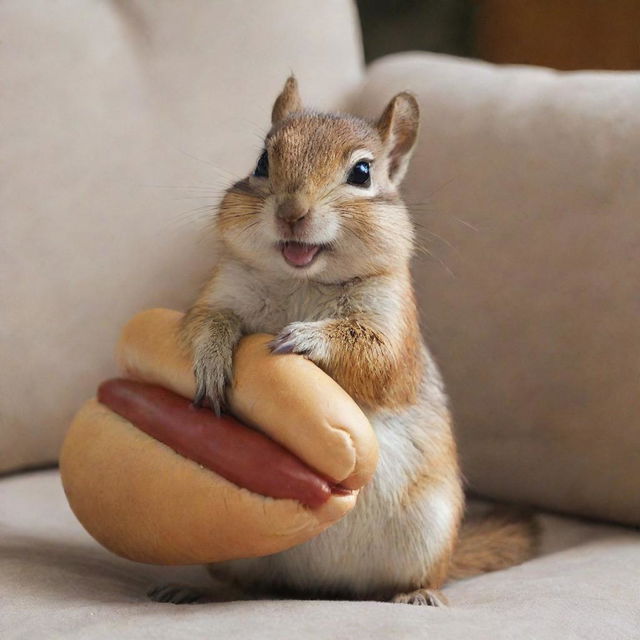 A charming chipmunk, resembling Alvin from 'Alvin and the Chipmunks', playfully biting a hotdog-shaped pillow.