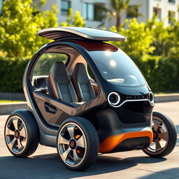 A futuristic microcar featuring a compact design with 1+2 seating configuration, showcasing sleek lines and an aerodynamic shape