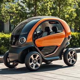 A futuristic microcar featuring a compact design with 1+2 seating configuration, showcasing sleek lines and an aerodynamic shape