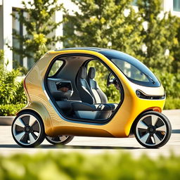 A futuristic microcar featuring a compact design with 1+2 seating configuration, showcasing sleek lines and an aerodynamic shape