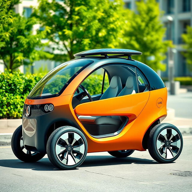 A futuristic microcar featuring a compact design with 1+2 seating configuration, showcasing sleek lines and an aerodynamic shape