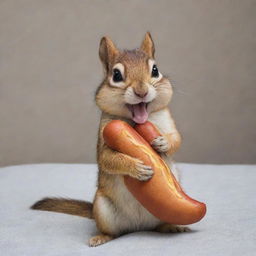 A charming chipmunk, resembling Alvin from 'Alvin and the Chipmunks', playfully biting a hotdog-shaped pillow.