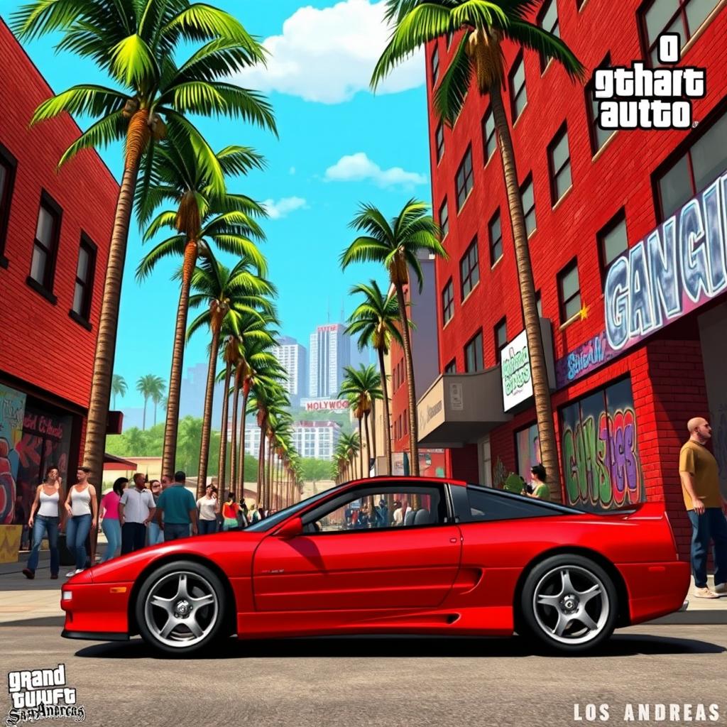 A vibrant and detailed scene from Grand Theft Auto: San Andreas, showcasing the urban environment of Los Santos, with palm trees lining the streets and colorful graffiti on the brick walls