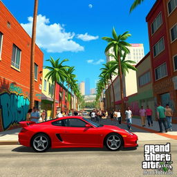 A vibrant and detailed scene from Grand Theft Auto: San Andreas, showcasing the urban environment of Los Santos, with palm trees lining the streets and colorful graffiti on the brick walls