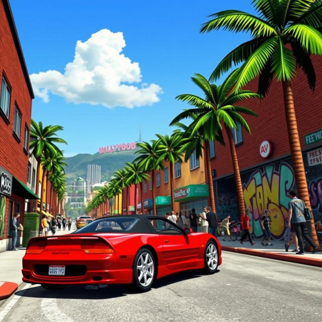 A vibrant and detailed scene from Grand Theft Auto: San Andreas, showcasing the urban environment of Los Santos, with palm trees lining the streets and colorful graffiti on the brick walls