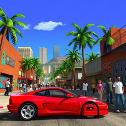 A vibrant and detailed scene from Grand Theft Auto: San Andreas, showcasing the urban environment of Los Santos, with palm trees lining the streets and colorful graffiti on the brick walls