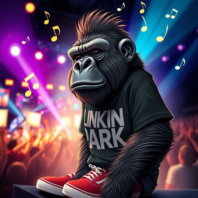 A rockstar gorilla wearing a Linkin Park shirt and red Vans shoes, deeply immersed in music