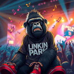 A rockstar gorilla wearing a Linkin Park shirt and red Vans shoes, deeply immersed in music