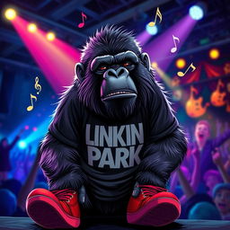 A rockstar gorilla wearing a Linkin Park shirt and red Vans shoes, deeply immersed in music